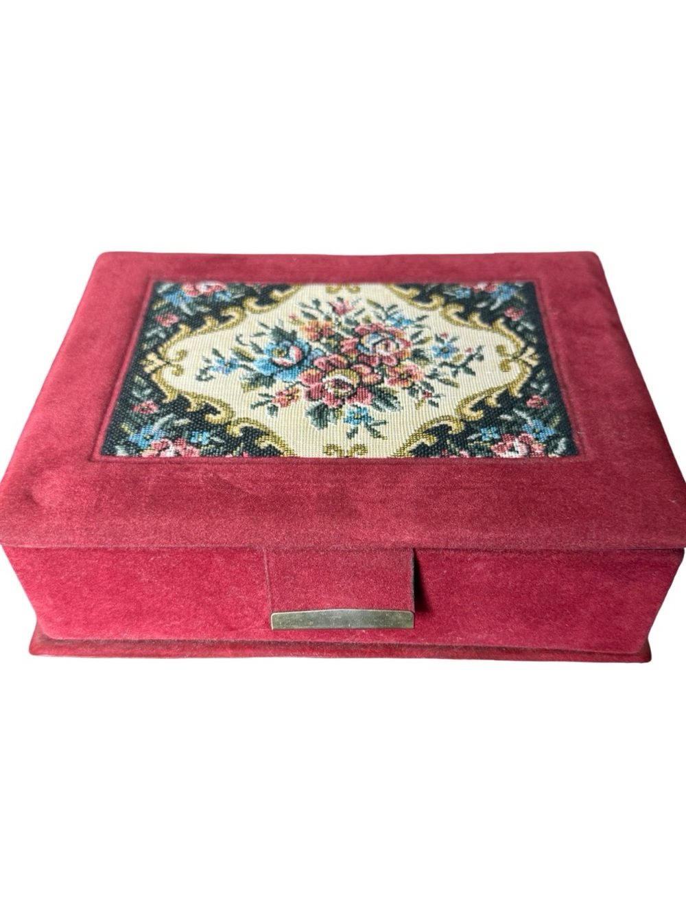 Vintage Red Velvet Jewelry Box‎ Floral Needlepoint Lid Interior Mirror
